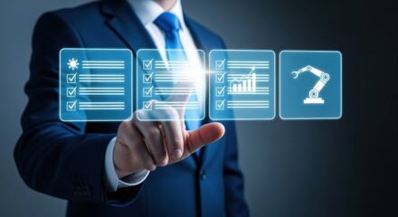 Fototapeta premium Smart manufacturing digital transformation concept: Businessman touching holographic interface with automation and production control icons