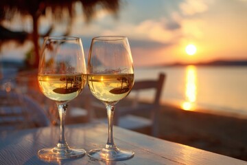 Two elegant glasses filled with white wine sit on a beachfront table, reflecting a vibrant golden sunset over the tranquil sea. A peaceful evening scene unfolds by the water, perfect for relaxation