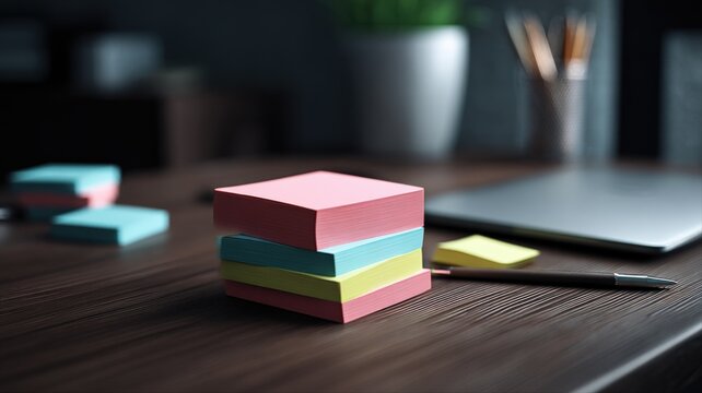 Colorful sticky notes on a desk, office workspace concept. Organization and reminder, work from home