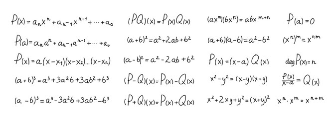Algebra polynomial formula set featuring definitions operations powers roots factorization identities division addition subtraction theorems degrees expressions equations notation
