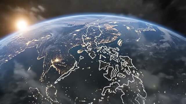The Philippines map is highlighted on a realistic Earth globe view from space.