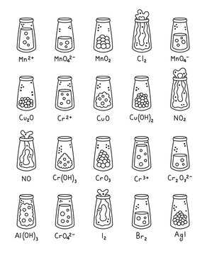 Chemical reaction set in outline line art featuring laboratory chemistry formulas ions oxides hydroxides molecules compounds precipitate education science test tube