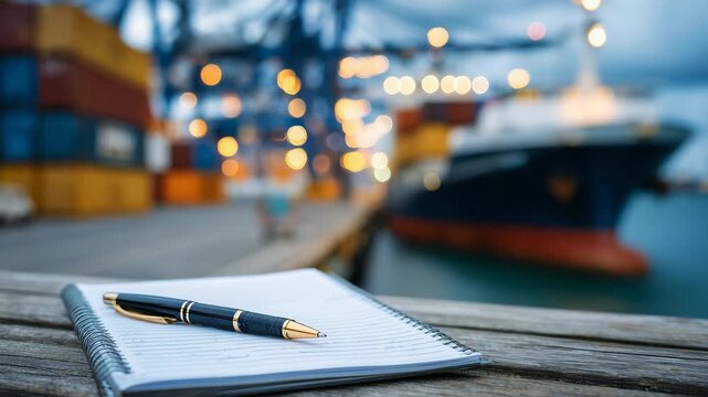 233Black pen resting on dockside shipping manifests, blurred freighter in background under soft ambient light, high-detail focus on paperwork and pen textures, cinematic industrial en