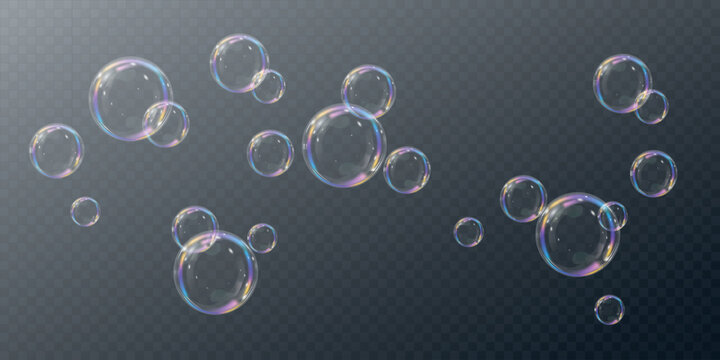 Transparent soap bubbles floating on black and white background. Light glossy spheres with soft reflections. Soap, bubble, transparent, color, air &mdash; realistic PNG bubble with glossy finish