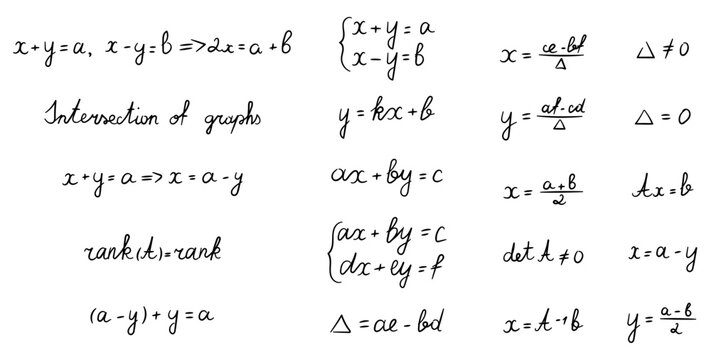 Algebra system equation set for linear methods determinants matrices substitution graphical solutions variables coefficients rank theorem conditions formulas calculations representation