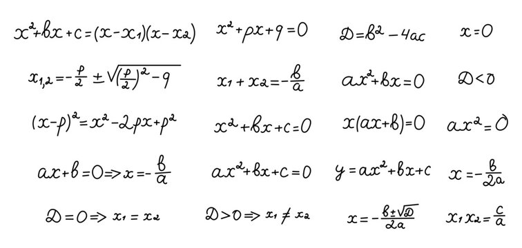Quadratic equation algebra formula set roots discriminant factorization vieta function parabola identity polynomial coefficient solution relation condition graph expression