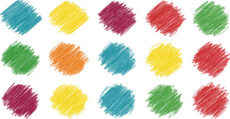 Set of fifteen colorful hand-drawn crayon scribble textures in flat vector style for creative design,