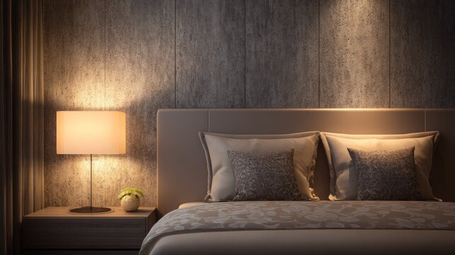 Modern bedroom interior with lamp bed and pillow decor in dim lighting