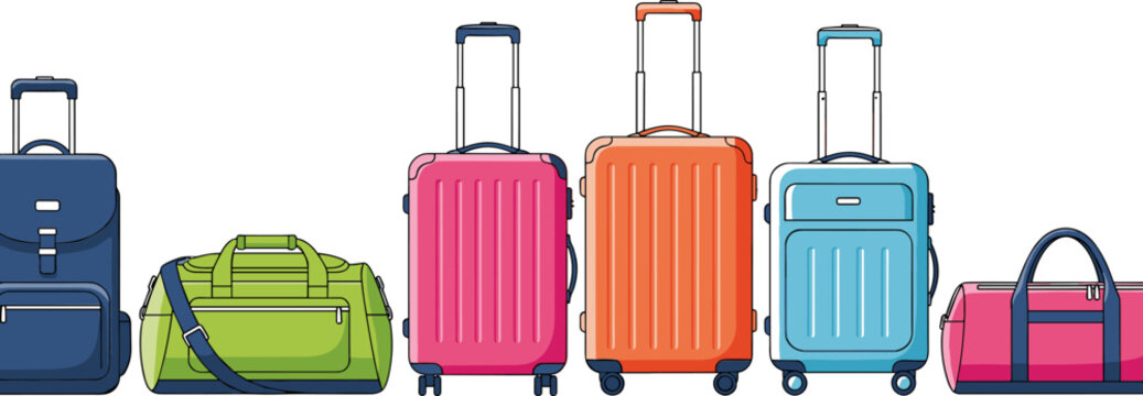 Large set of modern travel luggage with suitcases and duffel bags in flat vector style