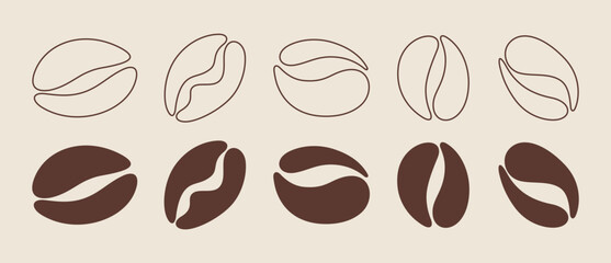 Obraz premium Hand Drawn Coffee Beans Set, Outline and Silhouette Coffee Bean Icons Collection Isolated on White Background, Vector Illustration for Branding and Packaging