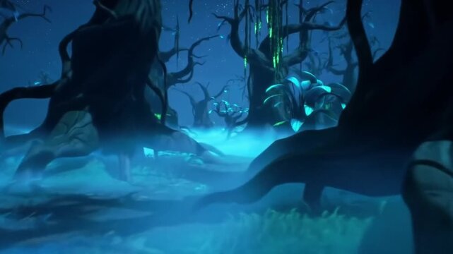 Mystical forest with twisted trees and fog at night  