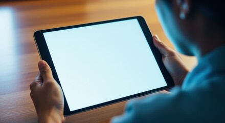 Woman holding digital tablet with blank screen, showcasing modern technology and connectivity for business applications