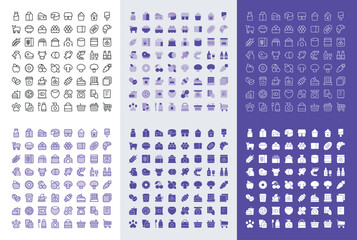 Grocery store and Supermarket icons. Set of solid, outline, flat, duotone vector icons. Food - dairy products, meat, bread, fruits, vegetables, sweets, vector symbols mega pack