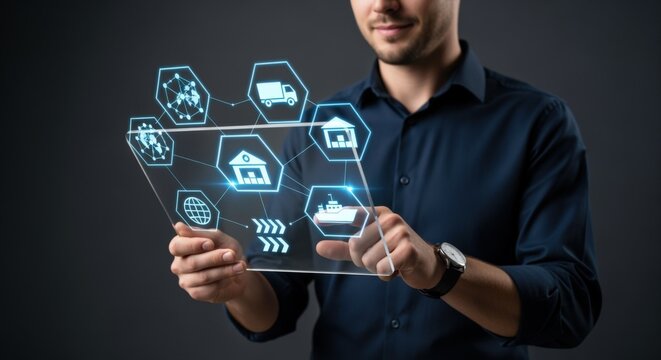 Man Interacting with Futuristic Digital Interface Visualizing Supply Chain and Logistics Management Processes, Optimizing Global Distribution Efficiency