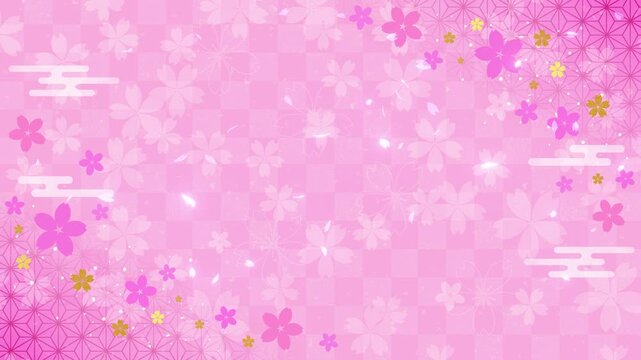 和柄　桜　ループ動画　和　市松模様　麻の葉　文様　枠　飾り　和風　おしゃれ　和モダン　シンプル　ひな祭り　入学　卒業　年賀　Japanese pattern.Spring celebration.Cherry blossoms.Loop video.