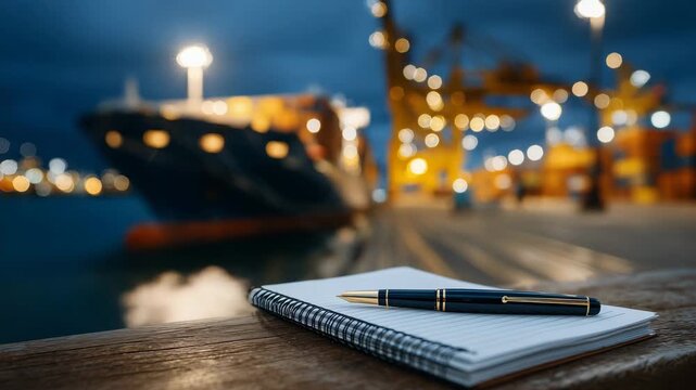 Black pen resting on dockside shipping manifests, blurred freighter in background under soft ambient light, high-detail focus on paperwork and pen textures, cinematic industrial en