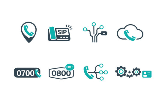 Set of telecom and VoIP icons including SIP phone, cloud call, hotline numbers and network connection symbols. Modern flat vector collection isolated.