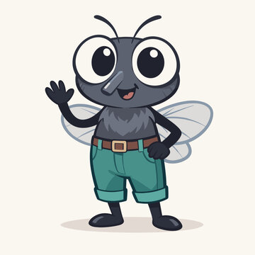 Cute Cartoon Fly Waving Hello Kawaii Insect Character in Pants Friendly Bug Mascot Illustration