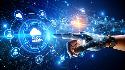 Robot hand touching a digital interface with 'CLOUD PLANNING' text and a network of icons, symbolizing data management.