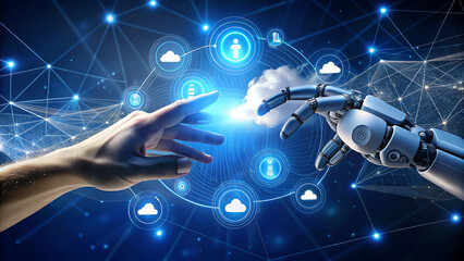 Human hand and robotic hand almost touching, surrounded by a digital cloud network and user icons, signifying future integration.