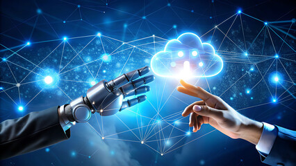 A human hand and a robot hand reaching towards each other, connecting with a glowing cloud symbol in a digital network.