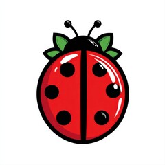 Obraz premium Cute Ladybug Cartoon Illustration with Black Spots and Green Leaves on a White Background