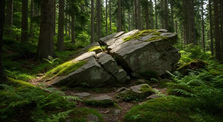 Sunny forest scene with large moss-covered boulder and green ferns in foreground