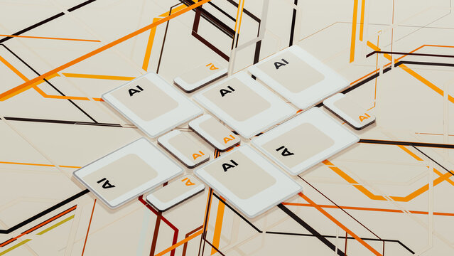 Technological devices display letters for AI on multiple screens