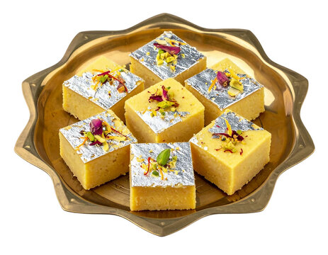 Indian Gujarati traditional sweet Mava burfi, barfi or milk powder barfi mithai in golden dish, garnish with pistachio, silver foil, saffron, rose petal isolated, cutout in transparent background