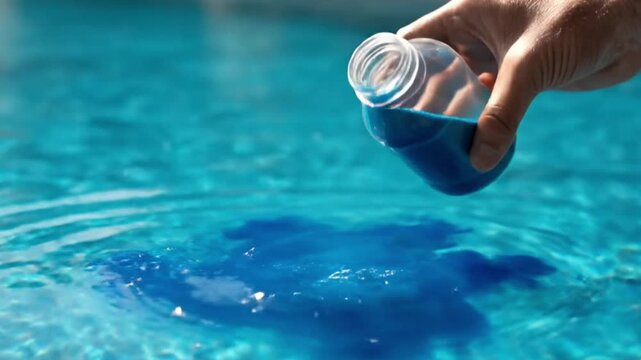 A hand pouring blue substance from a clear container into a pool