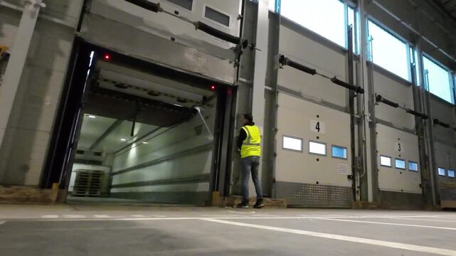 A low angle shot on a warehouse floor as a worker wearing a high visibility vest walks toward a loading dock door and presses a button to close the large white sectional door of an empty semi trailer