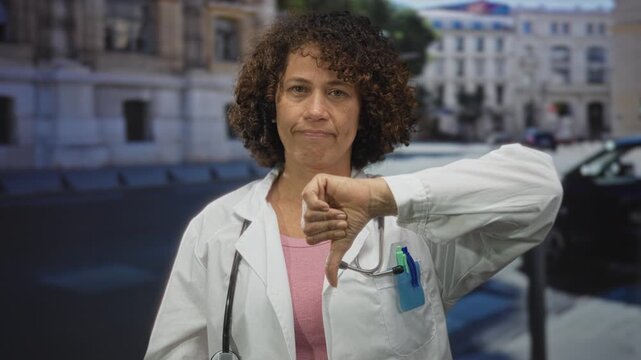 Woman doctor in white coat giving thumbs down gesture on sunlit city street in front of classical buildings; public disapproval.