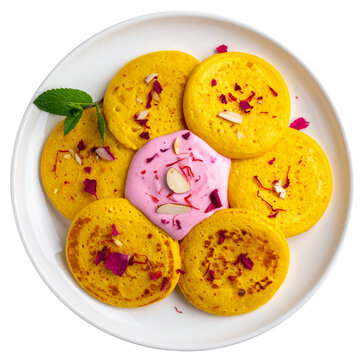 Indian pancakes with saffron & rosewater cream (malpua & rabri), top view on white plate. Indian dish on the plate for menu, cafe, design