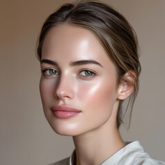 Fototapeta premium Beautiful woman clear skin natural makeup green eyes brown hair soft lighting close up youthful healthy glow serene expression