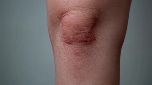 Close up extreme macro shot of a child's pale human knee joint showing a prominent reddish abrasion or friction burn mark on the patella area, suggesting recent injury