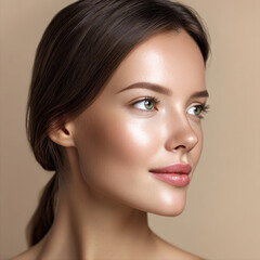 Fototapeta premium Close up portrait beautiful woman clear skin glowing complexion natural makeup brown hair green eyes soft light serene