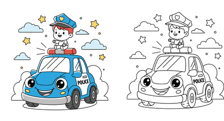 Cute cartoon police officer boy sitting on a police car. Vector illustration for kids coloring book page with colored example and black and white outline sketch. © MstAsia