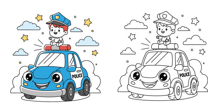 Cute cartoon police officer boy sitting on a police car. Vector illustration for kids coloring book page with colored example and black and white outline sketch.
