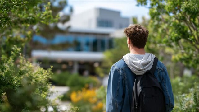 College student walking along a tree-lined campus pathway, backpack slung over shoulder, sunlight filtering through leaves, modern university buildings in the background, wide bann