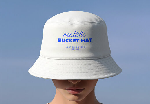 Realistic White Bucket Hat Mockup on Model with Sky Background