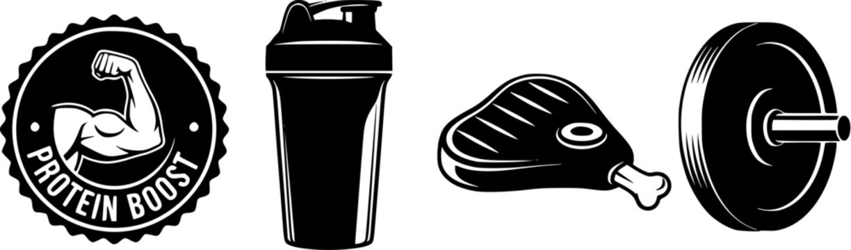 Protein boost icons featuring a muscular arm badge shaker bottle steak and a heavy weight.