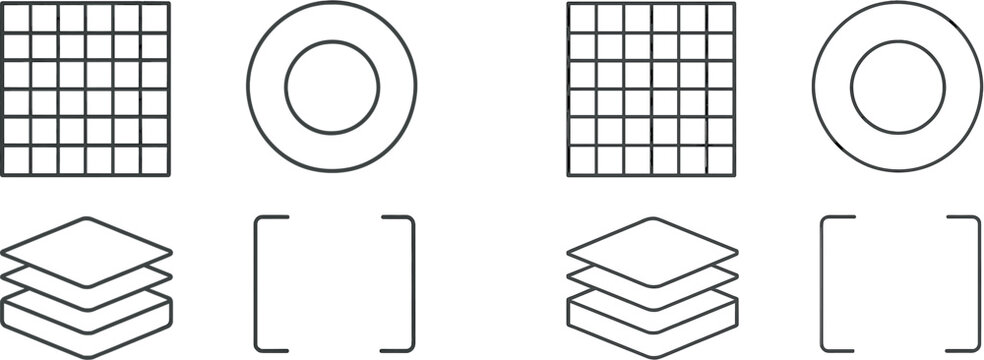 Four distinct geometric designs showcase a grid, a circle, layered squares, and an empty rectangle on a simple background. Each shape represents various design elements.