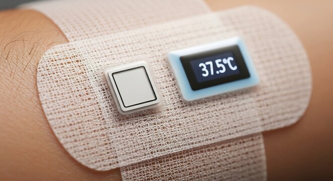 Closeup of a digital thermometer patch displaying 375 degrees Celsius on skin.