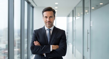 Fototapeta premium Confident business man standing in a modern office corridor with arms crossed
