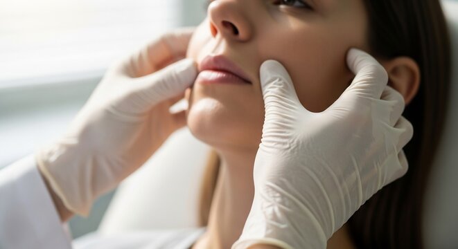Closeup of a doctors gloved hands examining a womans face.
