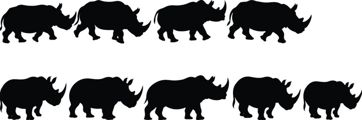 Rhinoceros silhouette collection on white background, group of black rhino animals isolated, wildlife nature design elements for African safari projects © Abu