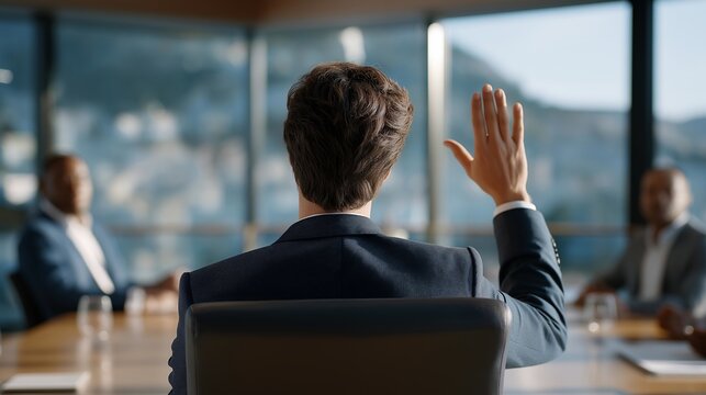 Business team in a modern boardroom, one member confidently making a rejection gesture, portraying strategy and teamwork. Sleek minimalist office design featuring a large glass window with city