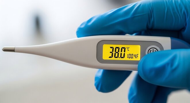 Closeup of a gloved hand holding a digital thermometer showing a high temperature.