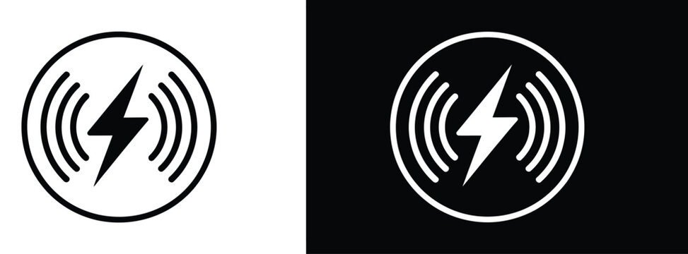 Wireless charging symbol, energy transfer icon, technology logo, modern vector illustration featuring abstract ripples and lightning bolt, digital power symbol representing technology, innovation, 