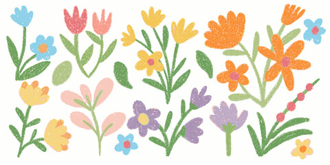 Colorful hand drawn floral collection with crayon and pastel texture. Chalk botanic bold floral elements. Grunge crayon textured branches, leaves, and wild flowers vector illustration